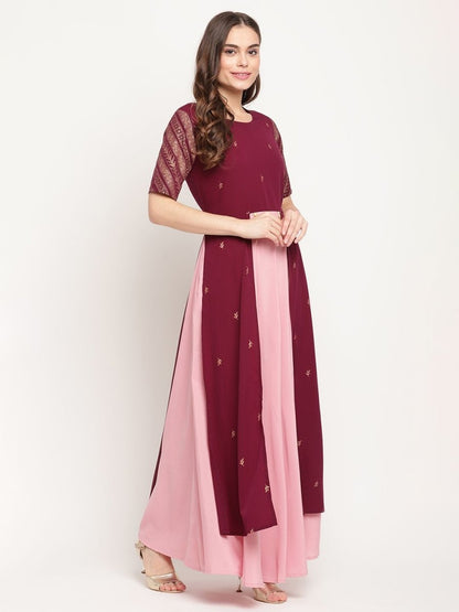 Ahalyaa Women Wine Crepe Glitter Print Dress