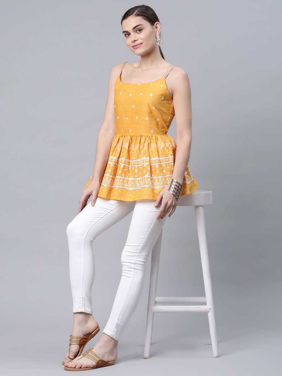 Ahalyaa Women Mustard Pure Cotton Porcian Print Shoulder Straps Tunic - Distacart
