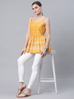 Thumbnail for Ahalyaa Women Mustard Pure Cotton Porcian Print Shoulder Straps Tunic - Distacart