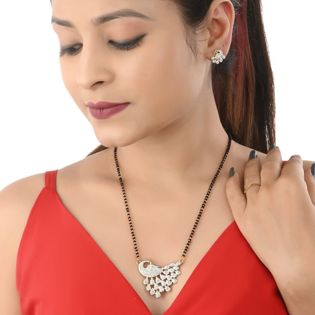 AanyaCentric Ad Short Mangalsutra Set Pendant with Earrings Golden - Distacart