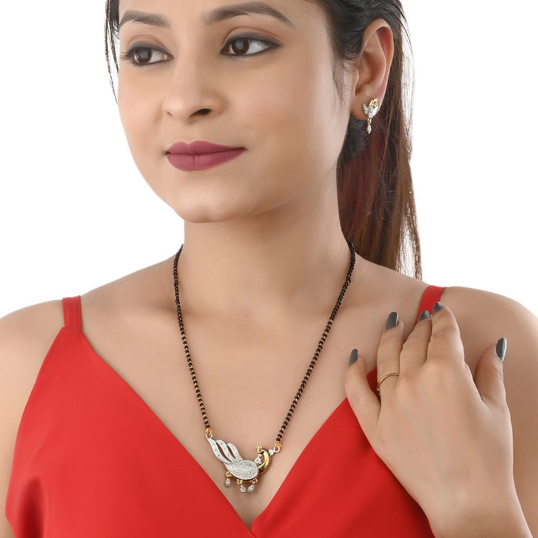 AanyaCentric Ad Short Mangalsutra Set Pendant with Earrings Golden - Distacart