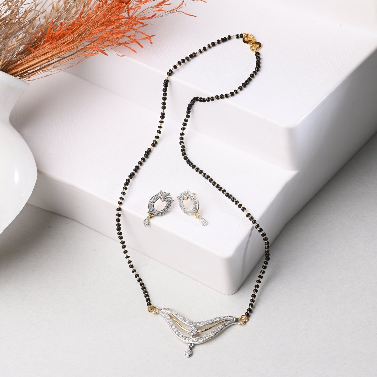 AanyaCentric Ad Short Mangalsutra Set Pendant with Earrings Golden - Distacart