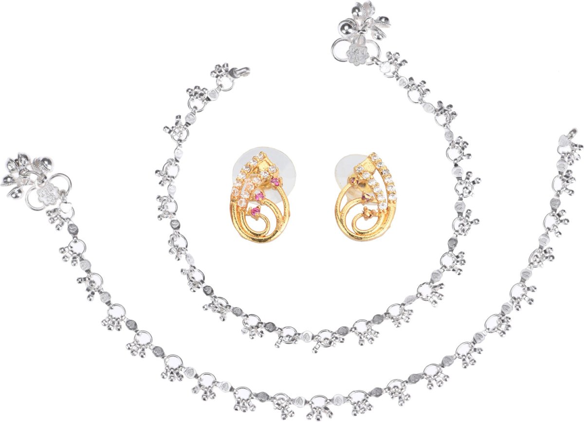 AanyaCentric Stylish Silver Plated Anklet & Gold Plated American Diamond Earring Combo for Girls & Women - Distacart