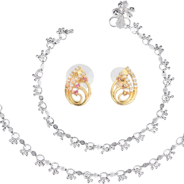 AanyaCentric Stylish Silver Plated Anklet & Gold Plated American Diamond Earring Combo for Girls & Women - Distacart