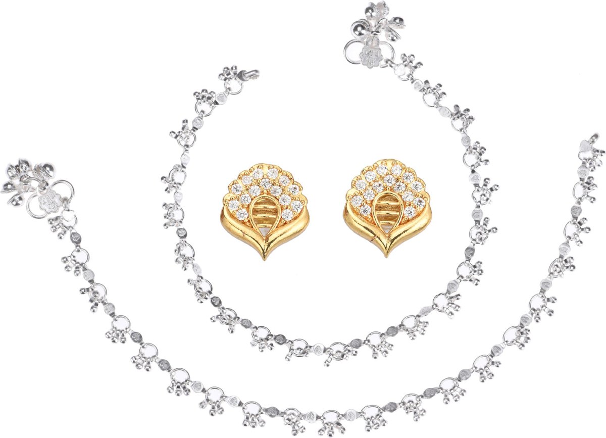 AanyaCentric Stylish Silver Plated Anklet & Gold Plated American Diamond Earring Combo for Girls & Women - Distacart