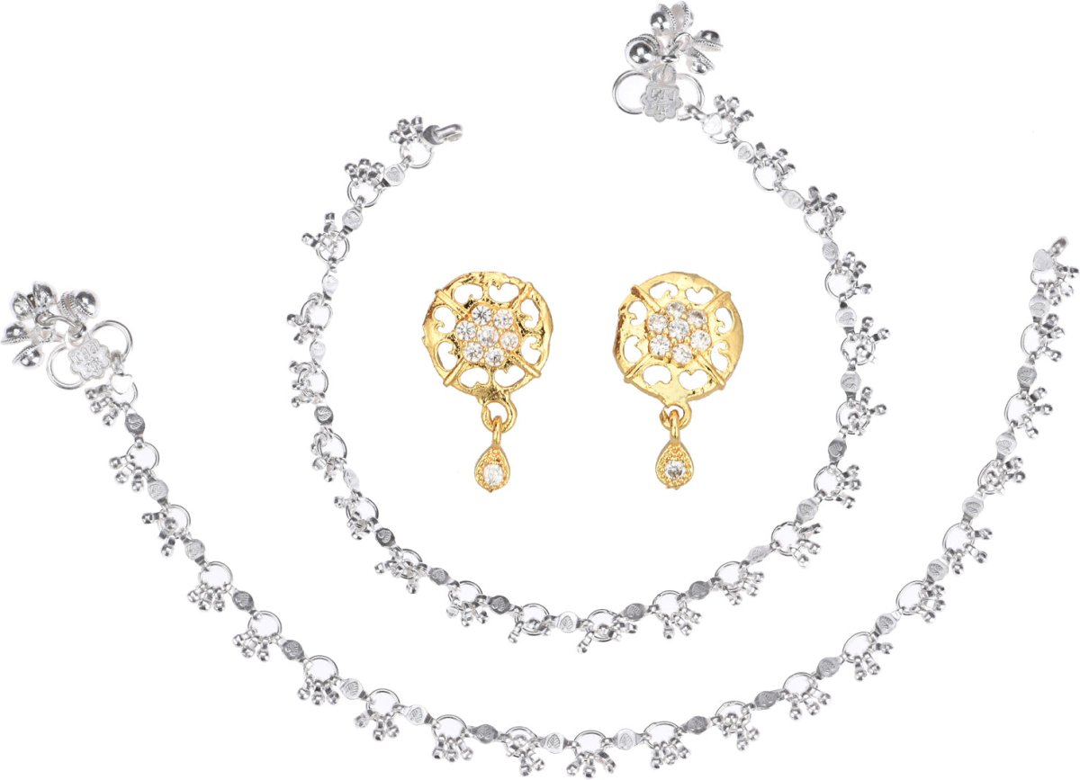 AanyaCentric Stylish Silver Plated Anklet & Gold Plated American Diamond Earring Combo for Girls & Women - Distacart
