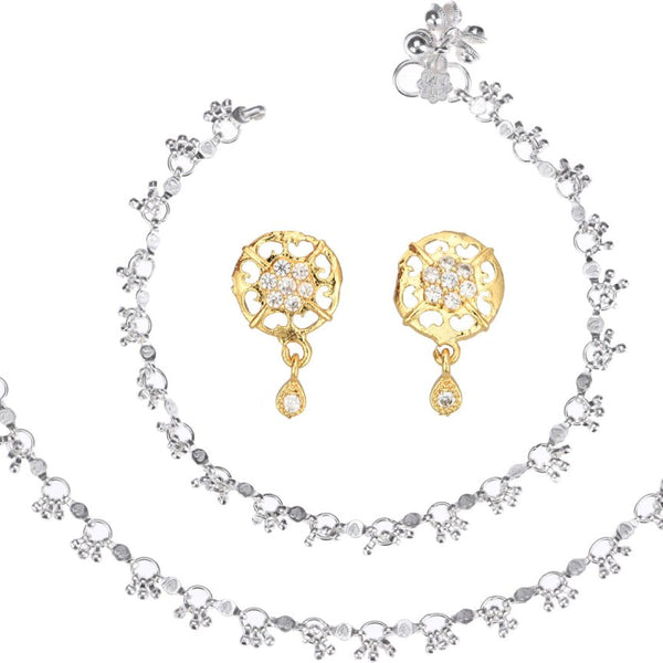 AanyaCentric Stylish Silver Plated Anklet & Gold Plated American Diamond Earring Combo for Girls & Women - Distacart