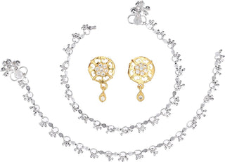 AanyaCentric Stylish Silver Plated Anklet & Gold Plated American Diamond Earring Combo for Girls & Women - Distacart