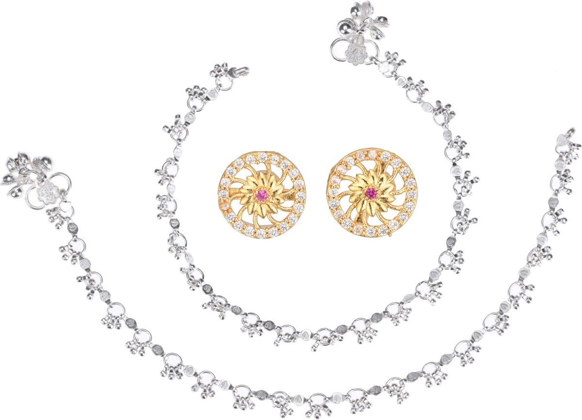 AanyaCentric Stylish Silver Plated Anklet & Gold Plated American Diamond Earring Combo for Girls & Women - Distacart