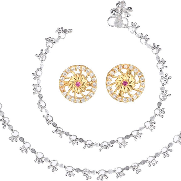 AanyaCentric Stylish Silver Plated Anklet & Gold Plated American Diamond Earring Combo for Girls & Women - Distacart