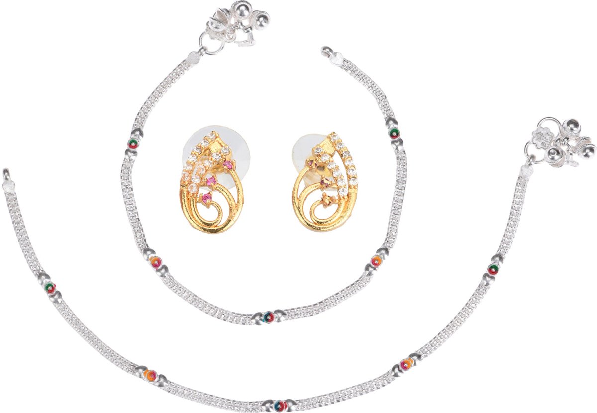 AanyaCentric Stylish Silver Plated Anklet & Gold Plated American Diamond Earring Combo for Girls & Women - Distacart