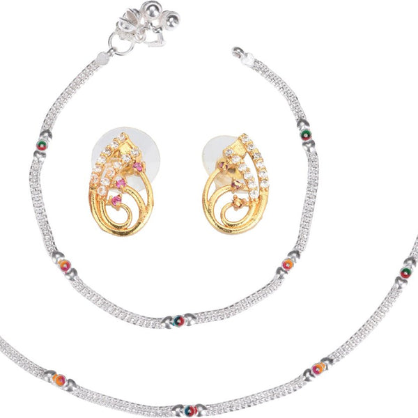 AanyaCentric Stylish Silver Plated Anklet & Gold Plated American Diamond Earring Combo for Girls & Women - Distacart