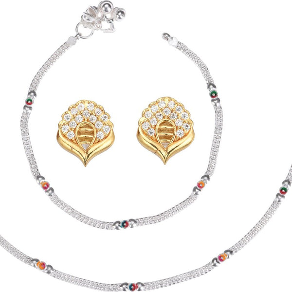 AanyaCentric Stylish Silver Plated Anklet & Gold Plated American Diamond Earring Combo for Girls & Women - Distacart