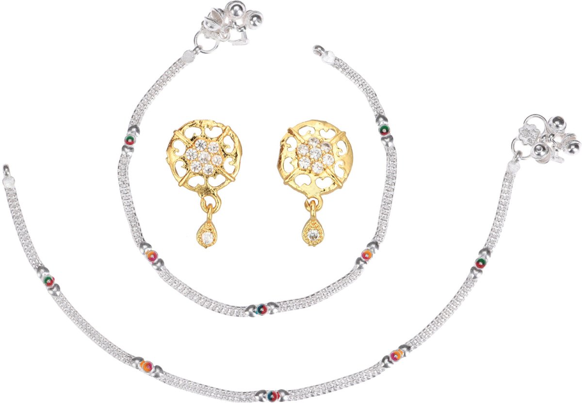 AanyaCentric Stylish Silver Plated Anklet & Gold Plated American Diamond Earring Combo for Girls & Women - Distacart