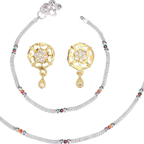 AanyaCentric Stylish Silver Plated Anklet & Gold Plated American Diamond Earring Combo for Girls & Women - Distacart