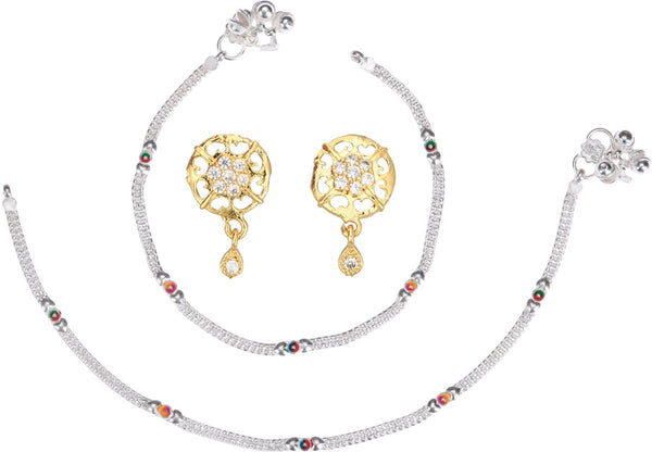 AanyaCentric Stylish Silver Plated Anklet & Gold Plated American Diamond Earring Combo for Girls & Women - Distacart