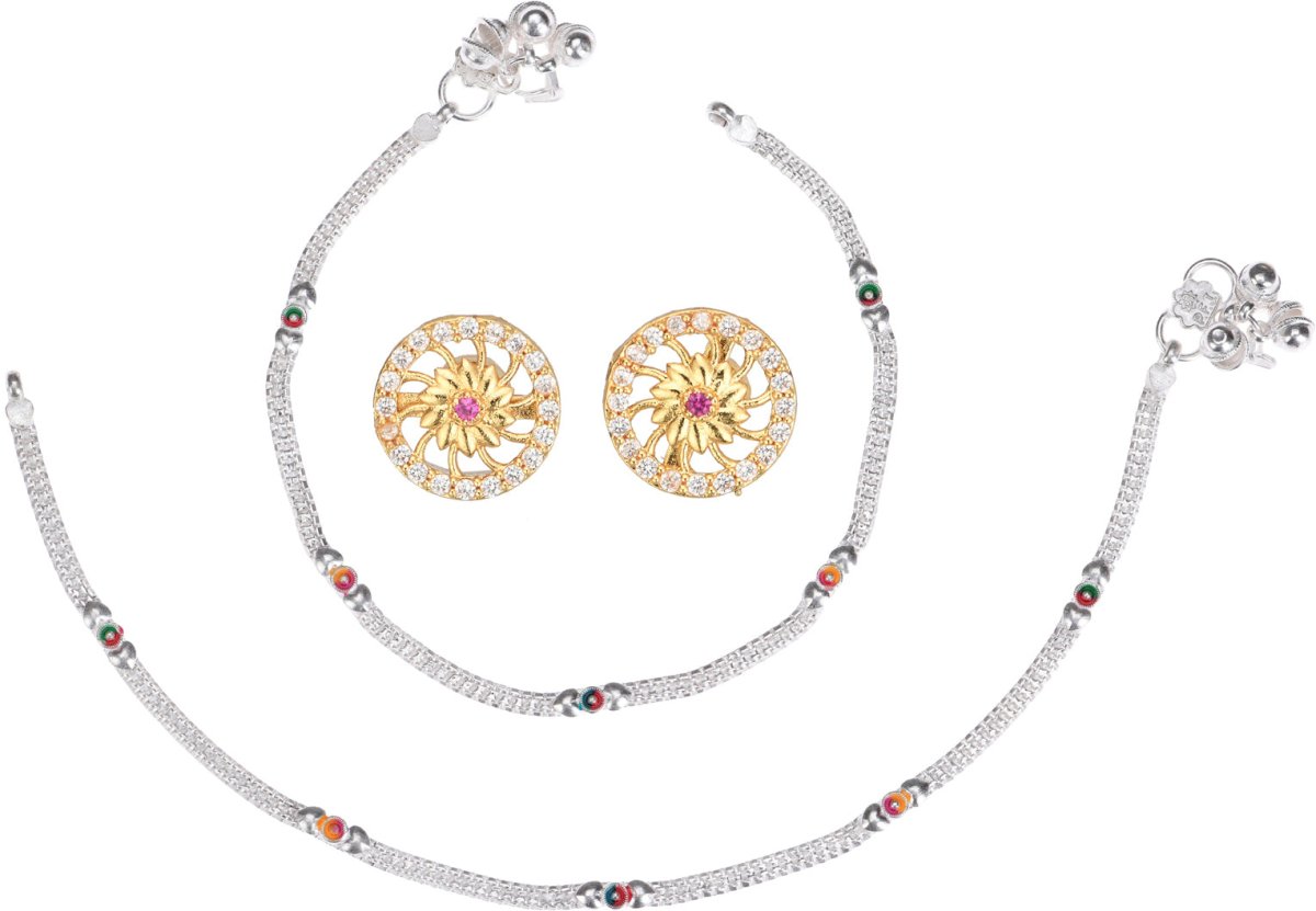 AanyaCentric Stylish Silver Plated Anklet & Gold Plated American Diamond Earring Combo for Girls & Women - Distacart