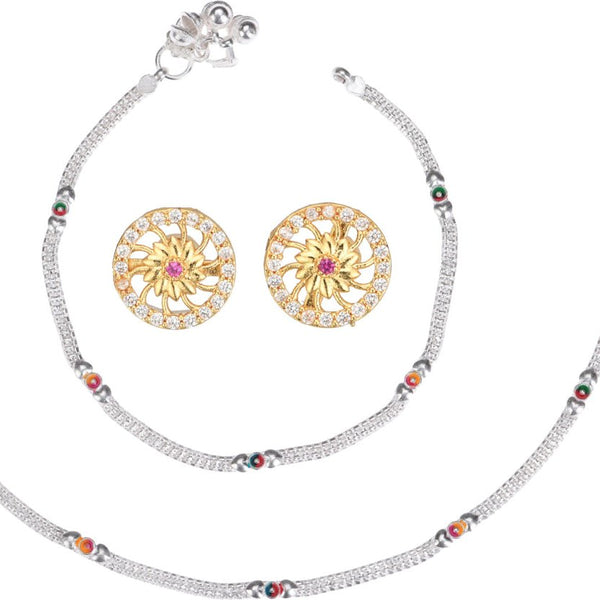 AanyaCentric Stylish Silver Plated Anklet & Gold Plated American Diamond Earring Combo for Girls & Women - Distacart