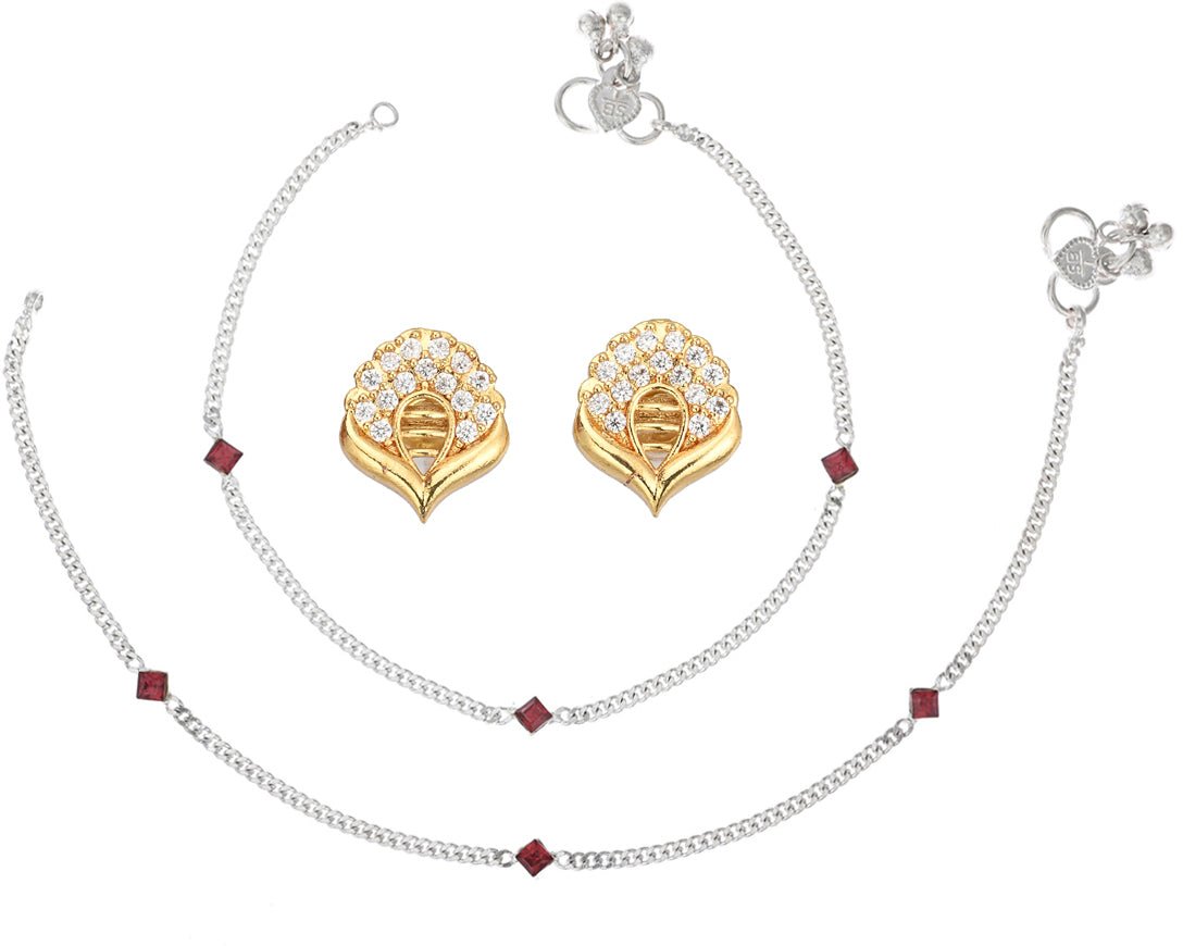 AanyaCentric Stylish Silver Plated Anklet & Gold Plated American Diamond Earring Combo for Girls & Women - Distacart