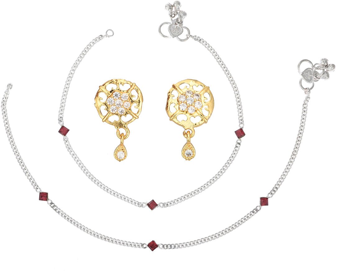 AanyaCentric Stylish Silver Plated Anklet & Gold Plated American Diamond Earring Combo for Girls & Women - Distacart