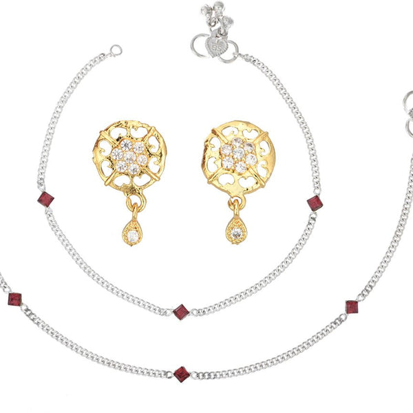 AanyaCentric Stylish Silver Plated Anklet & Gold Plated American Diamond Earring Combo for Girls & Women - Distacart