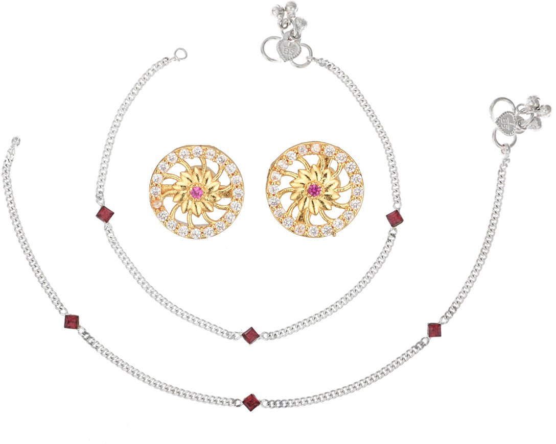 AanyaCentric Stylish Silver Plated Anklet & Gold Plated American Diamond Earring Combo for Girls & Women - Distacart