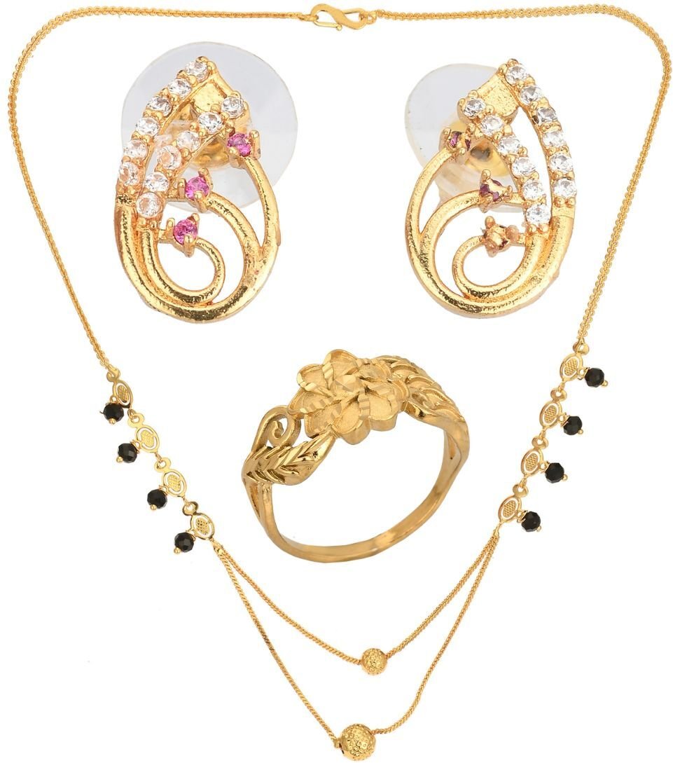 AanyaCentric Gold-plated Jewelry Combo: Elegant Short Mangalsutra, Finger Ring, and American Diamond Earrings Set - Distacart