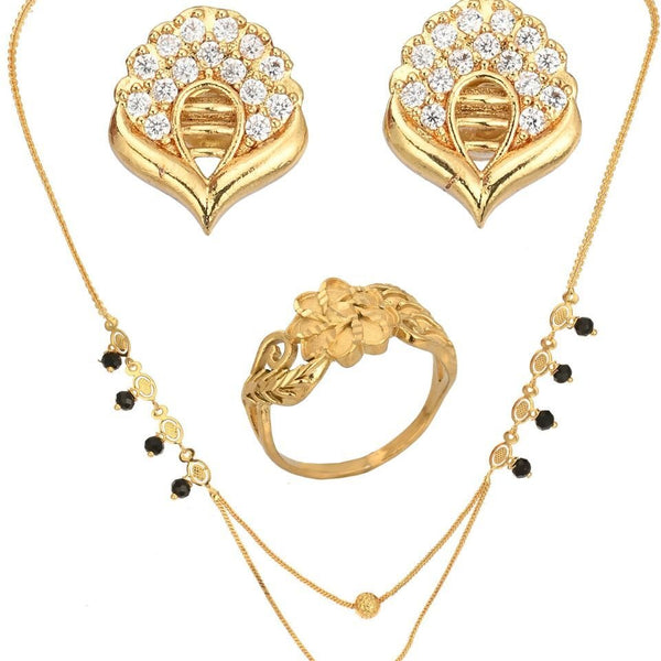 AanyaCentric Gold-plated Jewelry Combo: Elegant Short Mangalsutra, Finger Ring, and American Diamond Earrings Set - Distacart