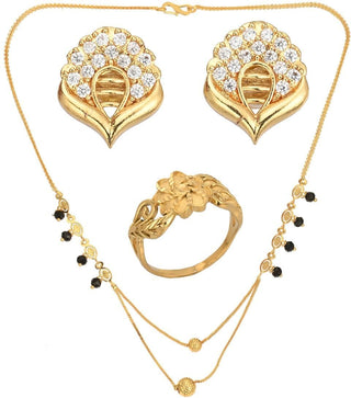 AanyaCentric Gold-plated Jewelry Combo: Elegant Short Mangalsutra, Finger Ring, and American Diamond Earrings Set - Distacart