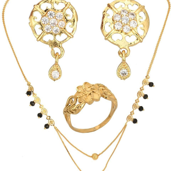 AanyaCentric Gold-plated Jewelry Combo: Elegant Short Mangalsutra, Finger Ring, and American Diamond Earrings Set - Distacart