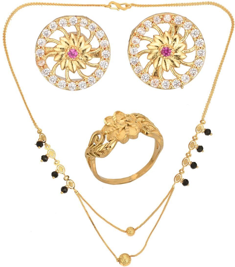 AanyaCentric Gold-plated Jewelry Combo: Elegant Short Mangalsutra, Finger Ring, and American Diamond Earrings Set - Distacart