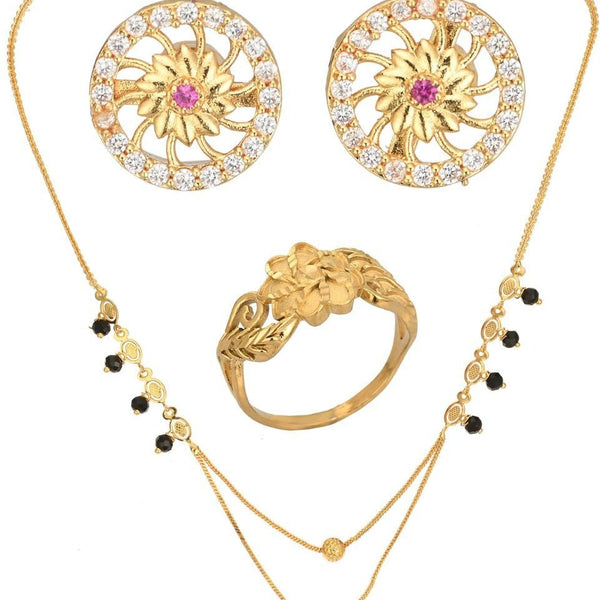 AanyaCentric Gold-plated Jewelry Combo: Elegant Short Mangalsutra, Finger Ring, and American Diamond Earrings Set - Distacart