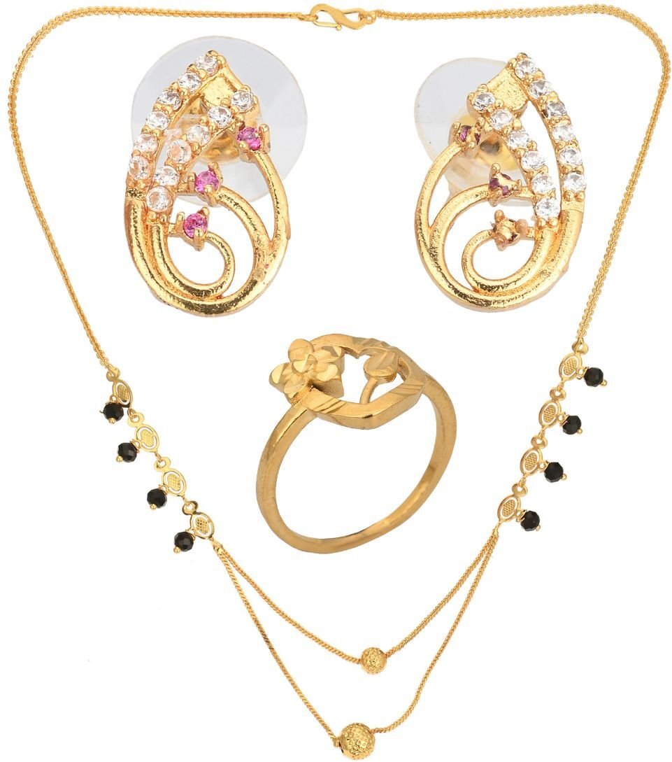 AanyaCentric Gold-plated Jewelry Combo: Elegant Short Mangalsutra, Finger Ring, and American Diamond Earrings Set - Distacart