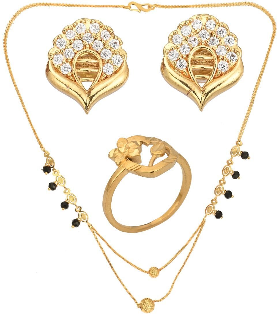 AanyaCentric Gold-plated Jewelry Combo: Elegant Short Mangalsutra, Finger Ring, and American Diamond Earrings Set - Distacart