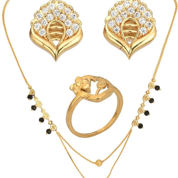 AanyaCentric Gold-plated Jewelry Combo: Elegant Short Mangalsutra, Finger Ring, and American Diamond Earrings Set - Distacart