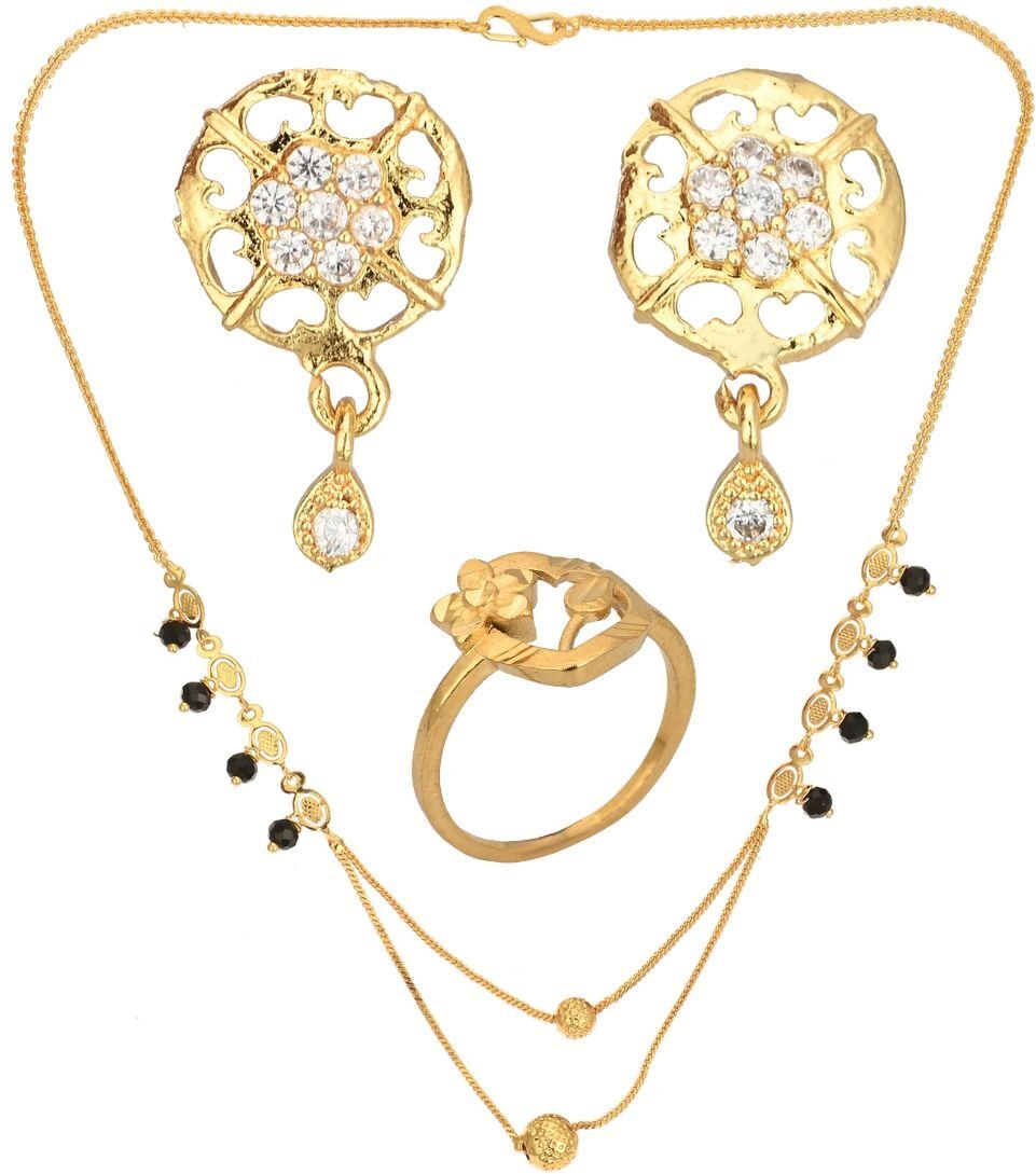 AanyaCentric Gold-plated Jewelry Combo: Elegant Short Mangalsutra, Finger Ring, and American Diamond Earrings Set - Distacart