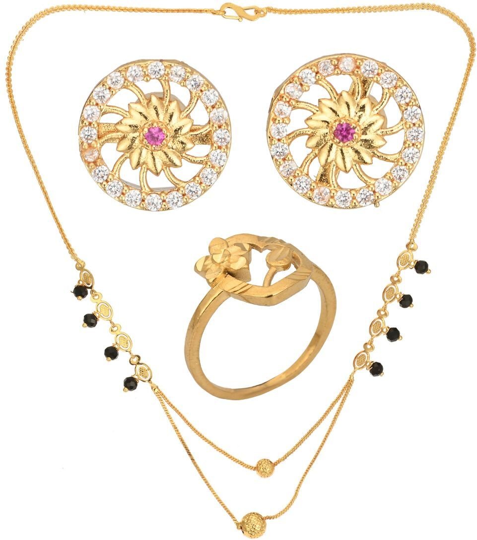 AanyaCentric Gold-plated Jewelry Combo: Elegant Short Mangalsutra, Finger Ring, and American Diamond Earrings Set - Distacart