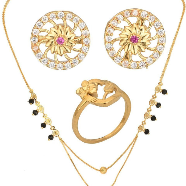 AanyaCentric Gold-plated Jewelry Combo: Elegant Short Mangalsutra, Finger Ring, and American Diamond Earrings Set - Distacart