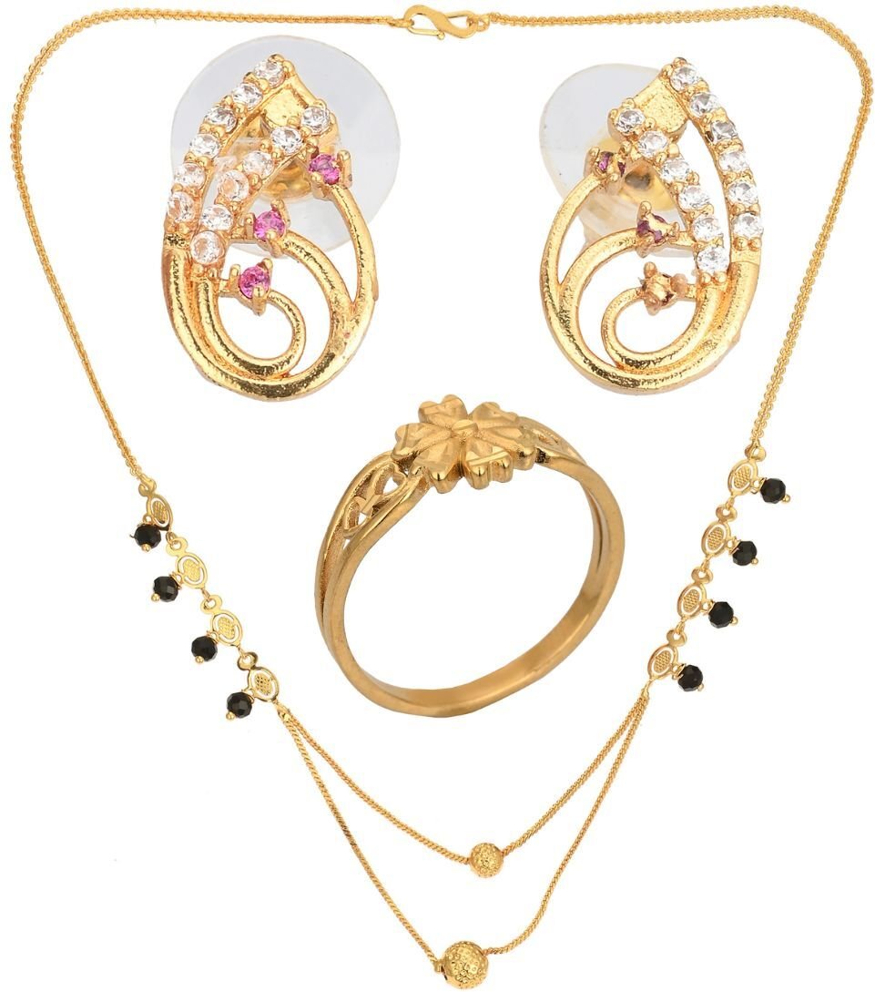 AanyaCentric Gold-plated Jewelry Combo: Elegant Short Mangalsutra, Finger Ring, and American Diamond Earrings Set - Distacart