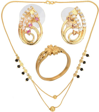 AanyaCentric Gold-plated Jewelry Combo: Elegant Short Mangalsutra, Finger Ring, and American Diamond Earrings Set - Distacart