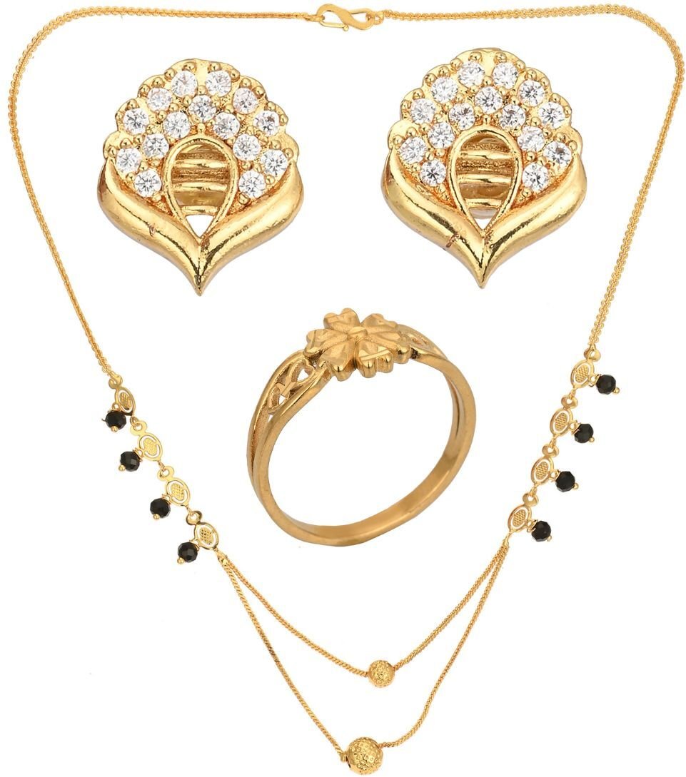 AanyaCentric Gold-plated Jewelry Combo: Elegant Short Mangalsutra, Finger Ring, and American Diamond Earrings Set - Distacart