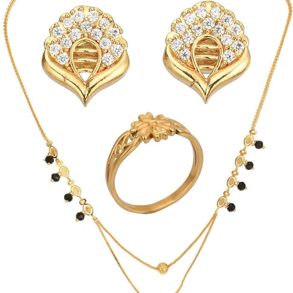 AanyaCentric Gold-plated Jewelry Combo: Elegant Short Mangalsutra, Finger Ring, and American Diamond Earrings Set - Distacart