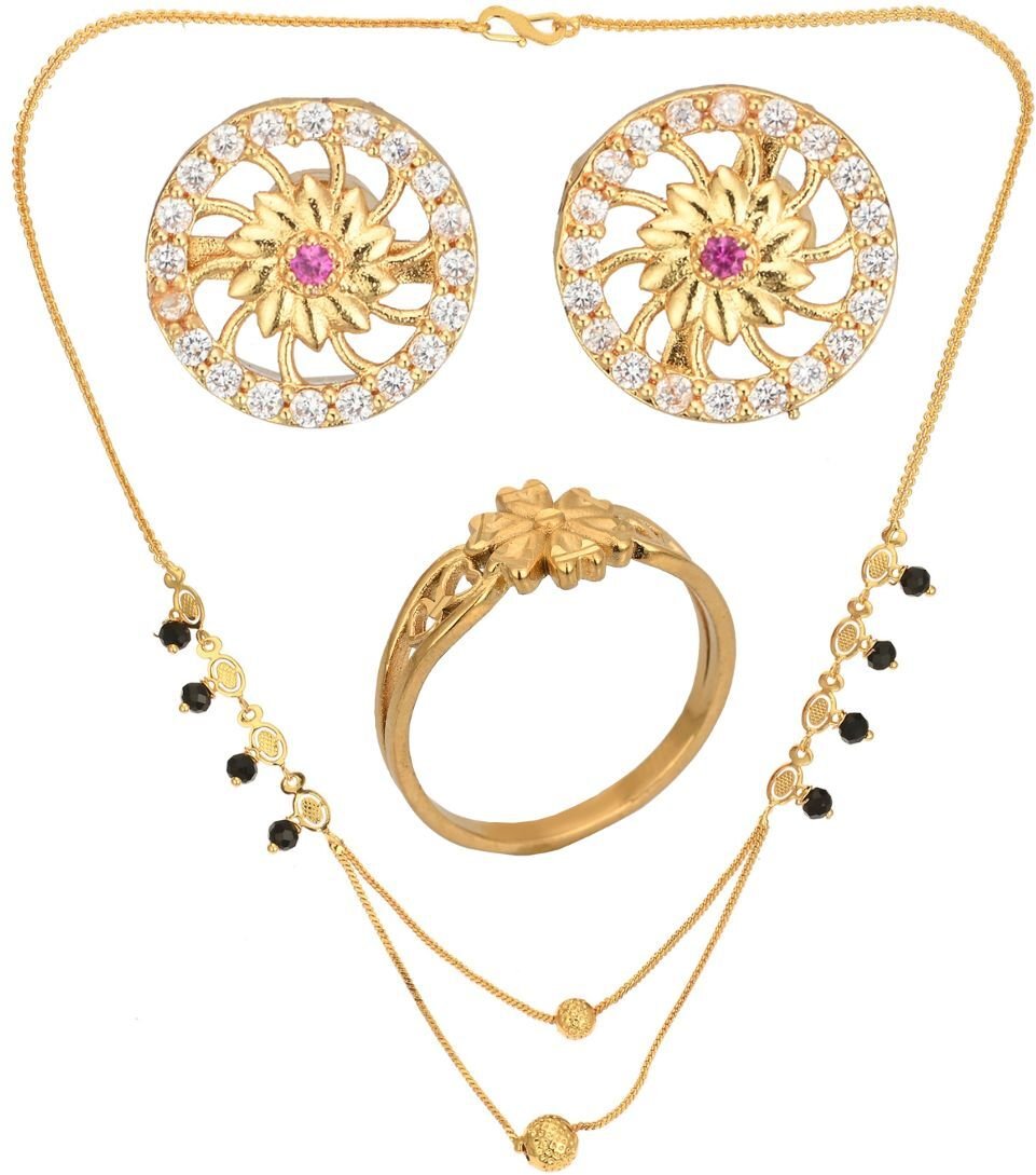 AanyaCentric Gold-plated Jewelry Combo: Elegant Short Mangalsutra, Finger Ring, and American Diamond Earrings Set - Distacart