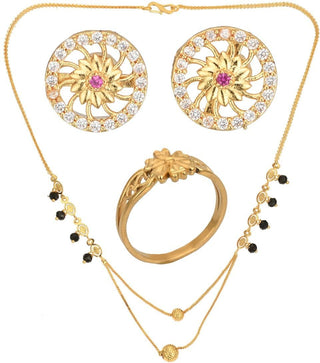 AanyaCentric Gold-plated Jewelry Combo: Elegant Short Mangalsutra, Finger Ring, and American Diamond Earrings Set - Distacart
