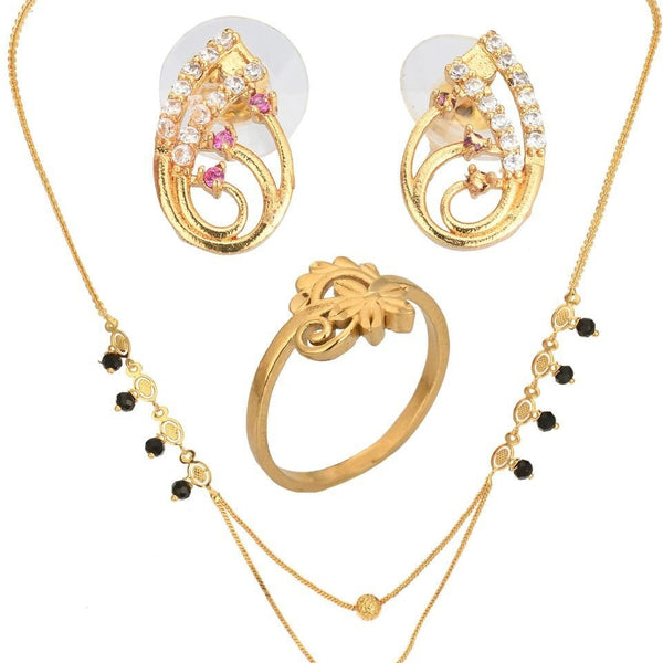 AanyaCentric Gold-plated Jewelry Combo: Elegant Short Mangalsutra, Finger Ring, and American Diamond Earrings Set - Distacart