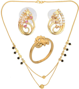 AanyaCentric Gold-plated Jewelry Combo: Elegant Short Mangalsutra, Finger Ring, and American Diamond Earrings Set - Distacart