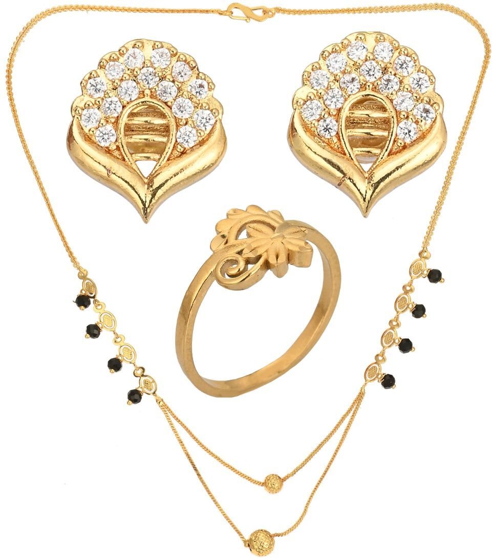 AanyaCentric Gold-plated Jewelry Combo: Elegant Short Mangalsutra, Finger Ring, and American Diamond Earrings Set - Distacart
