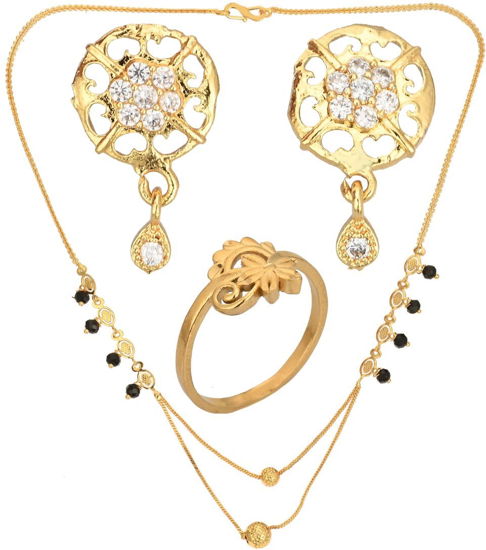 AanyaCentric Gold-plated Jewelry Combo: Elegant Short Mangalsutra, Finger Ring, and American Diamond Earrings Set - Distacart