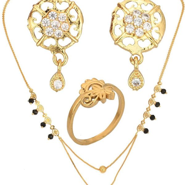 AanyaCentric Gold-plated Jewelry Combo: Elegant Short Mangalsutra, Finger Ring, and American Diamond Earrings Set - Distacart