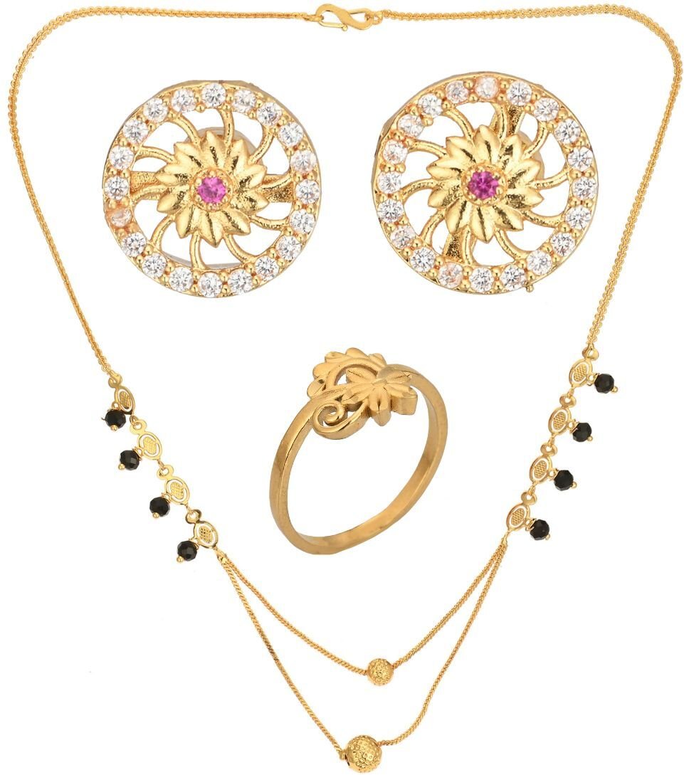 AanyaCentric Gold-plated Jewelry Combo: Elegant Short Mangalsutra, Finger Ring, and American Diamond Earrings Set - Distacart